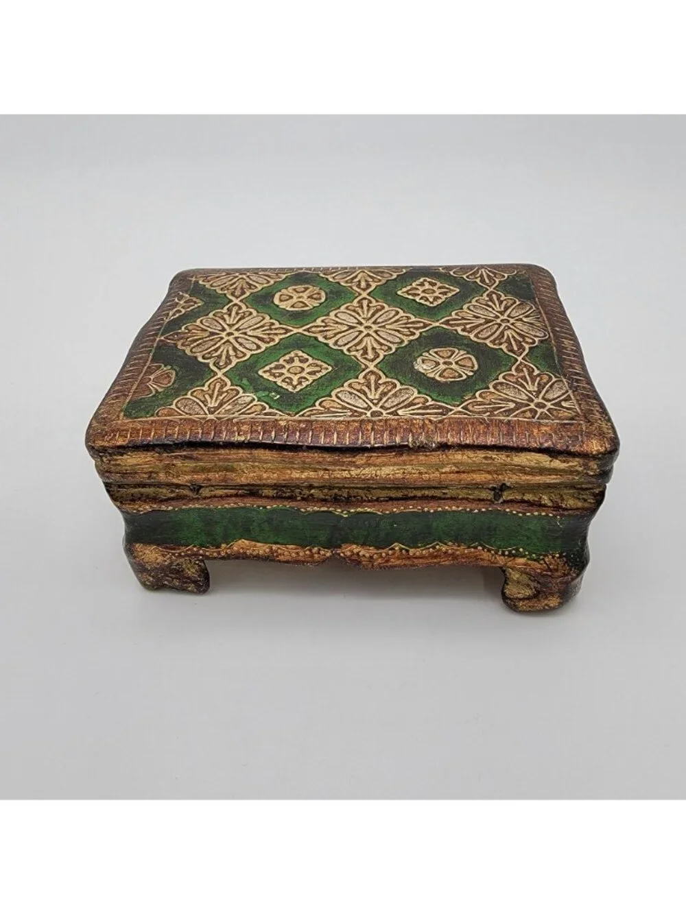 Vintage Italian Florentine Gilded Gesso Trinket Box Green & Gold